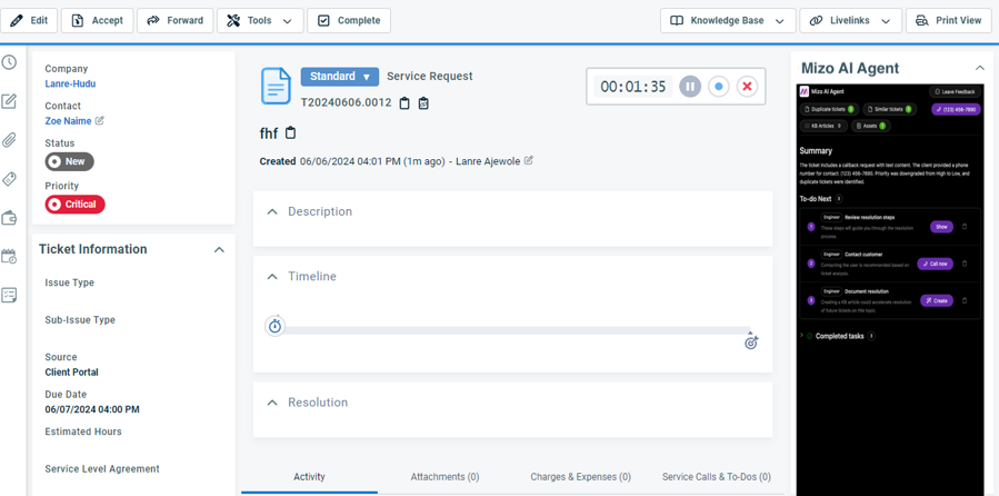 Mizo AI agent seamlessly integrated with Integrate Mizo's AI Agent with Autotask PSA dashboard for automated ticket triage, intelligent dispatch, and MSP service desk optimization