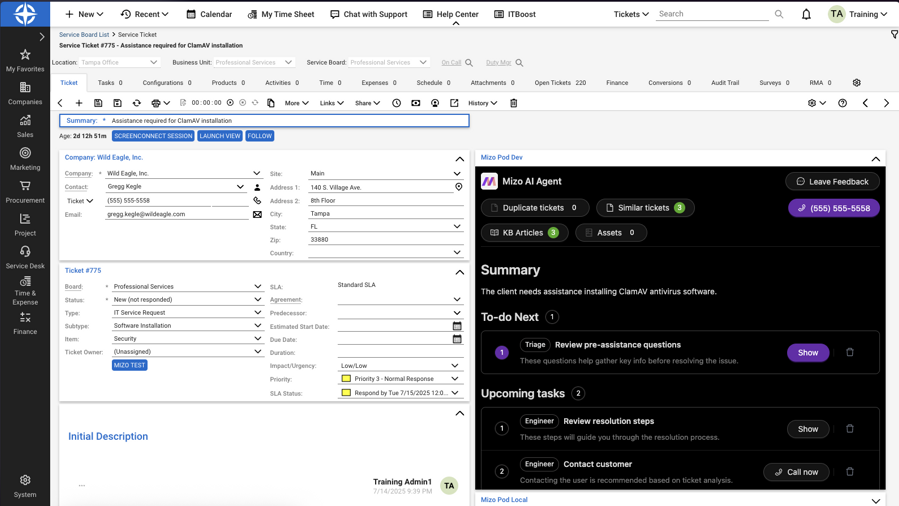 Mizo AI agent seamlessly integrated with Integrate Mizo's AI Agent with ConnectWise PSA PSA dashboard for automated ticket triage, intelligent dispatch, and MSP service desk optimization