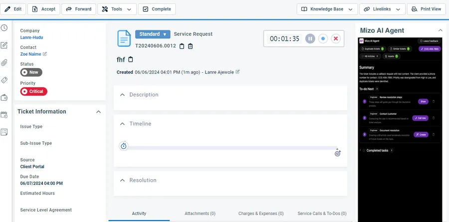 Mizo AI agent seamlessly integrated with AI Agent for Autotask PSA dashboard for automated ticket triage, intelligent dispatch, and MSP service desk optimization