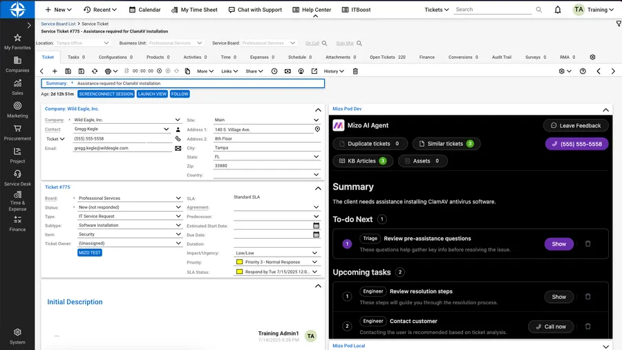 Mizo AI agent seamlessly integrated with Integrate Mizo's AI Agent with ConnectWise PSA PSA dashboard for automated ticket triage, intelligent dispatch, and MSP service desk optimization