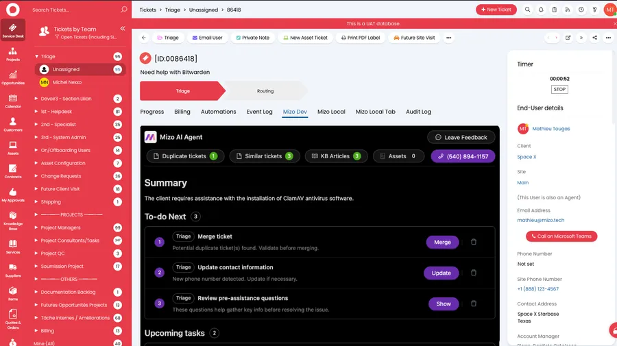 Mizo AI agent seamlessly integrated with AI Agent for HaloPSA PSA dashboard for automated ticket triage, intelligent dispatch, and MSP service desk optimization